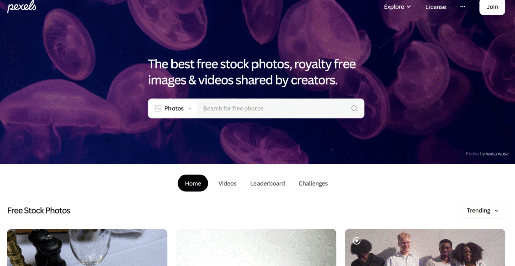 Screenshot of pexels webpage